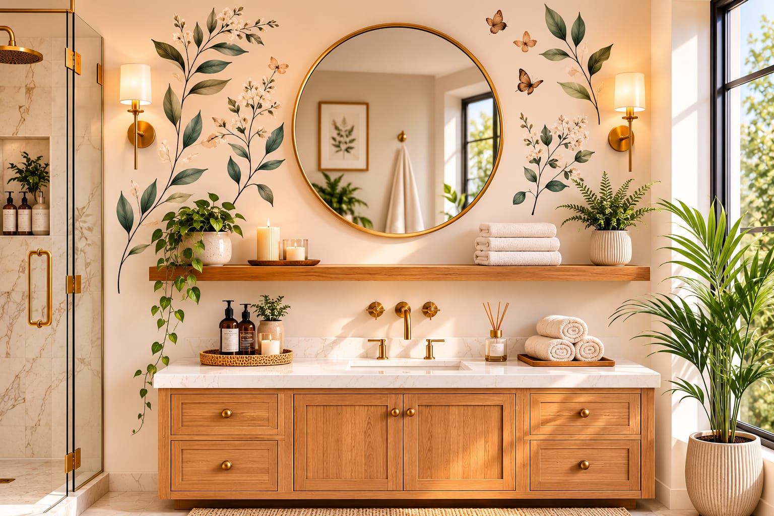 Modern bathroom featuring botanical bathroom wall decor stickers with brass mirror and floating shelf