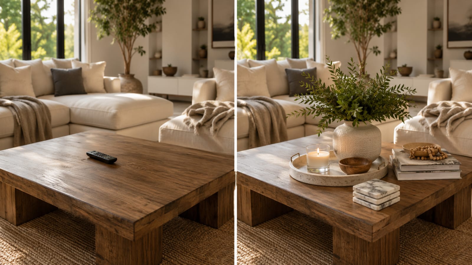 Before and after coffee table decor transformation in a living room
