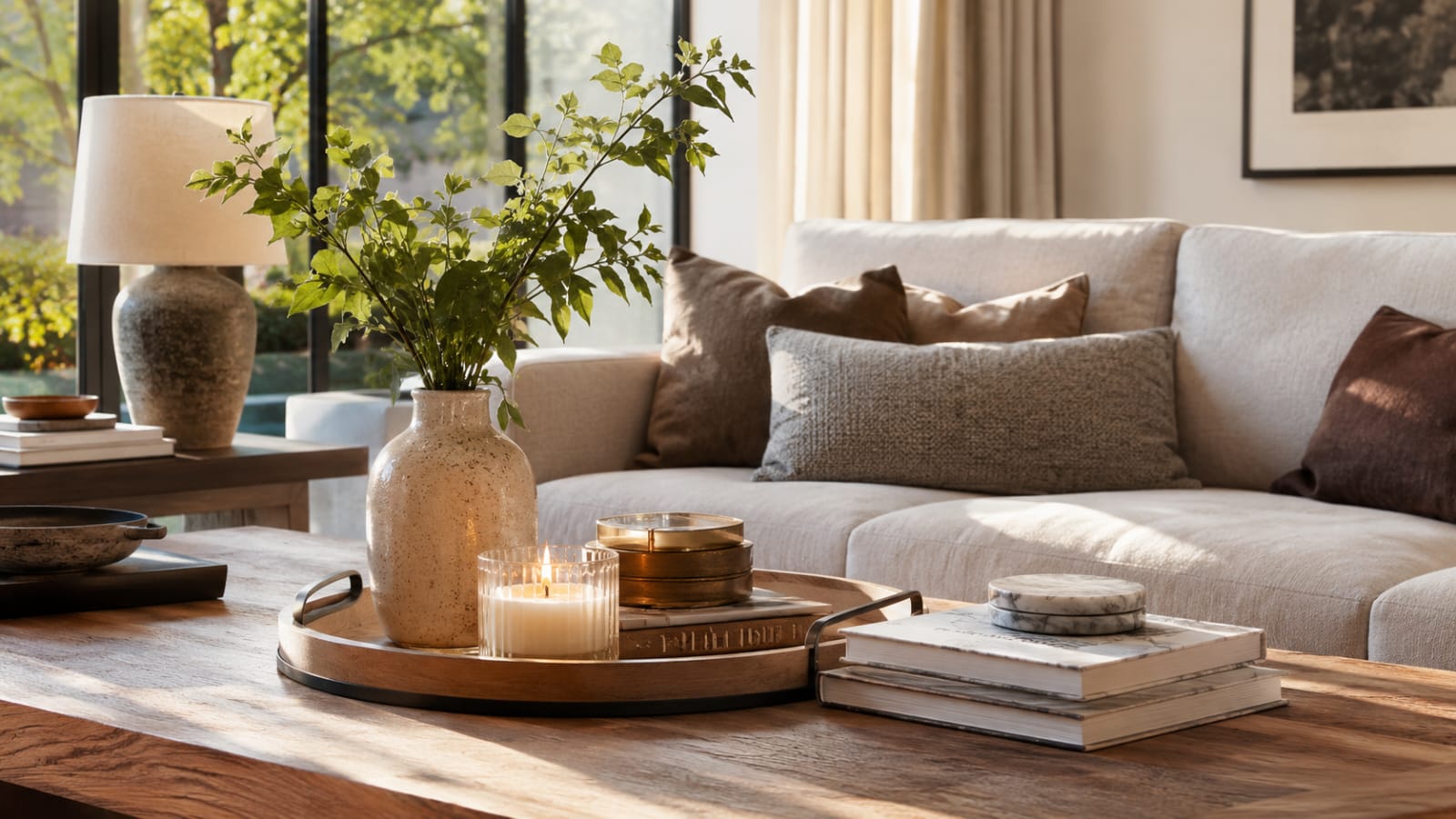 Fresh flowers styled on a coffee table as part of coffee table decor