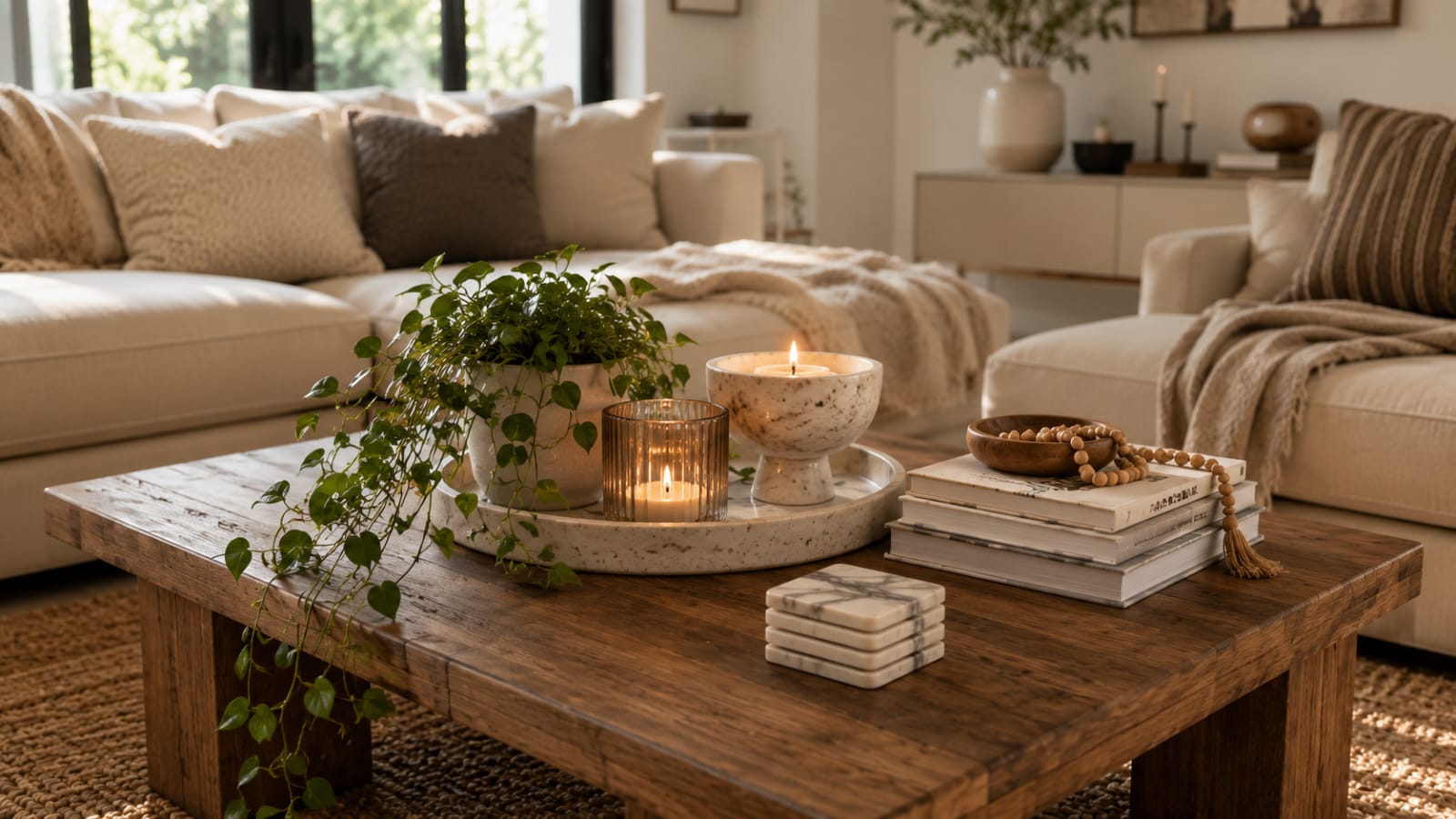 Coffee table decor with a trailing plant and candles in a stylish living room