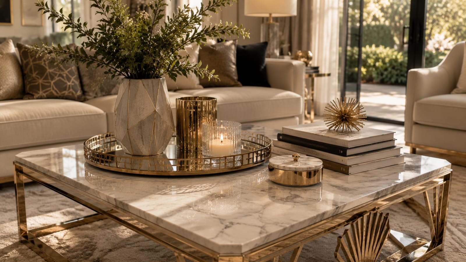 Art Deco coffee table decor with a mirrored tray and geometric vase