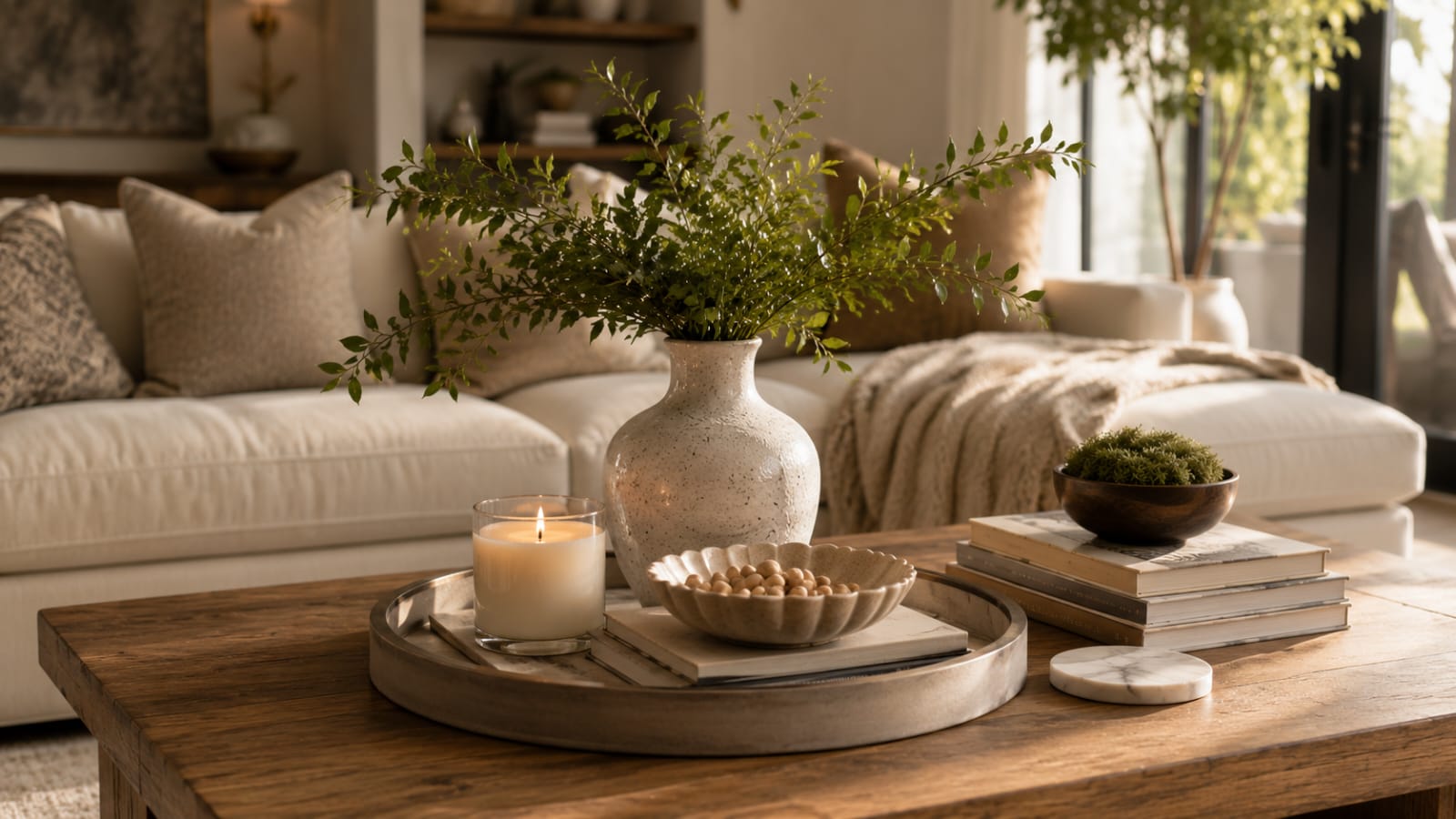 Layered coffee table centerpiece with decorative tray, candle, and vase