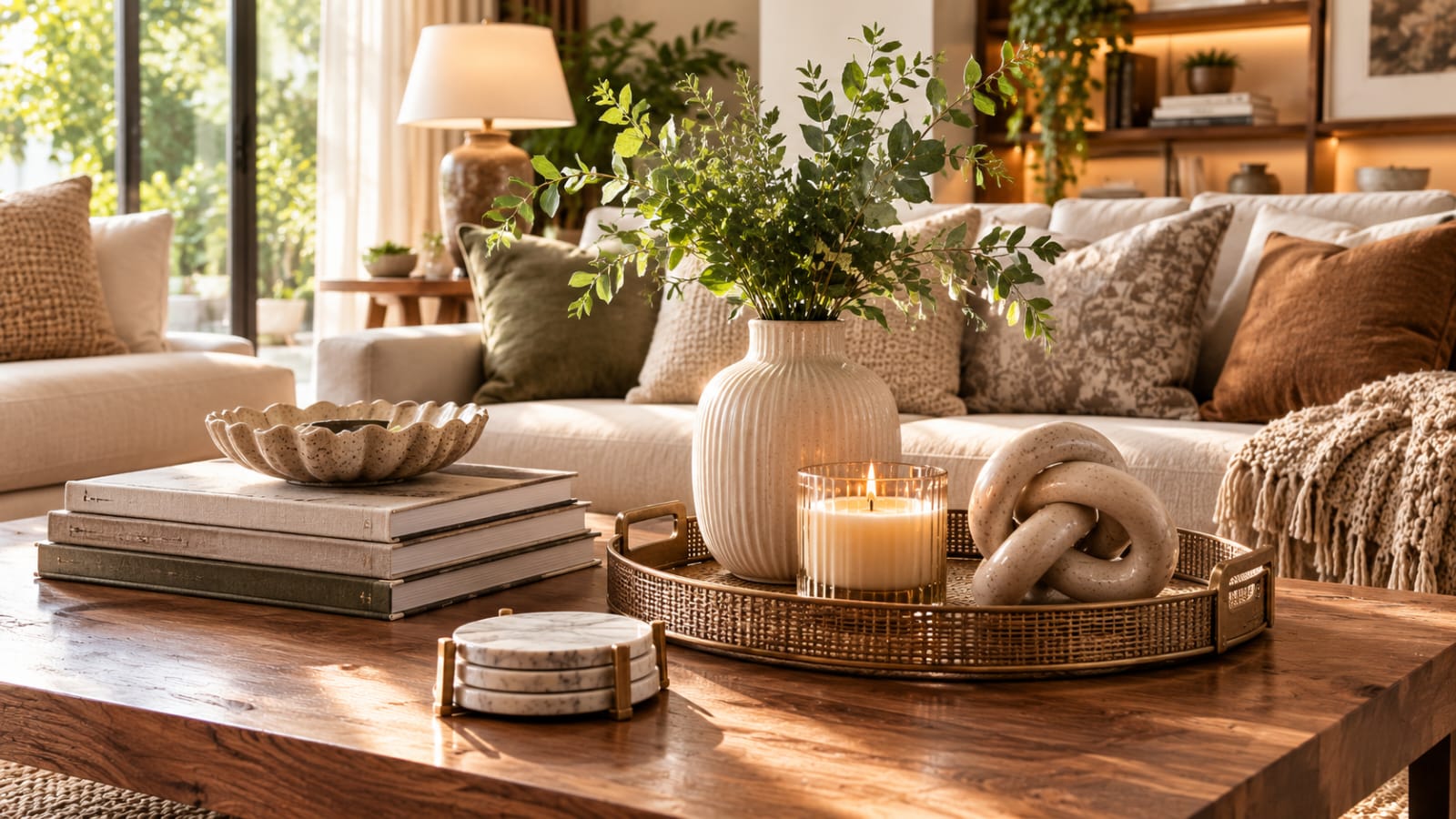 Luxury coffee table decor with books, tray, candles, and decorative accents