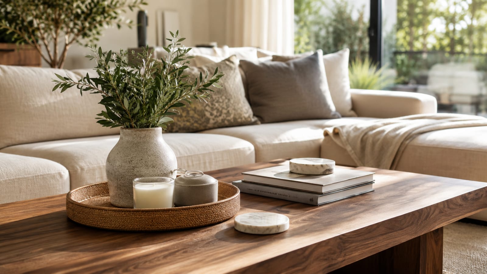 Styled coffee table decor with books, tray, candle, and greenery in a modern living room