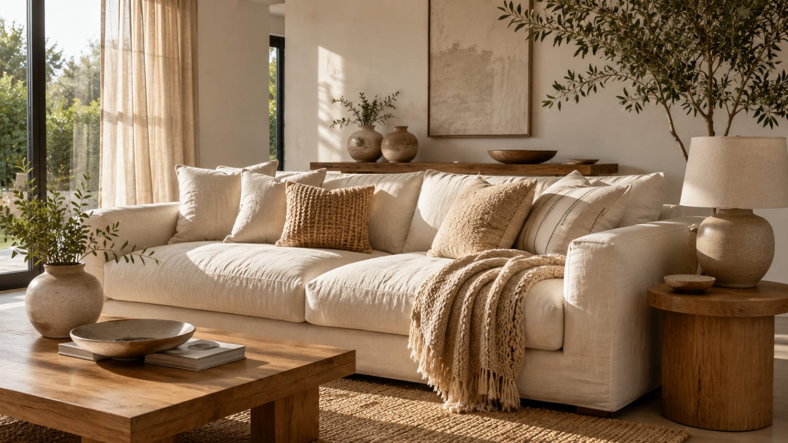Linen sofa in an organic modern living room