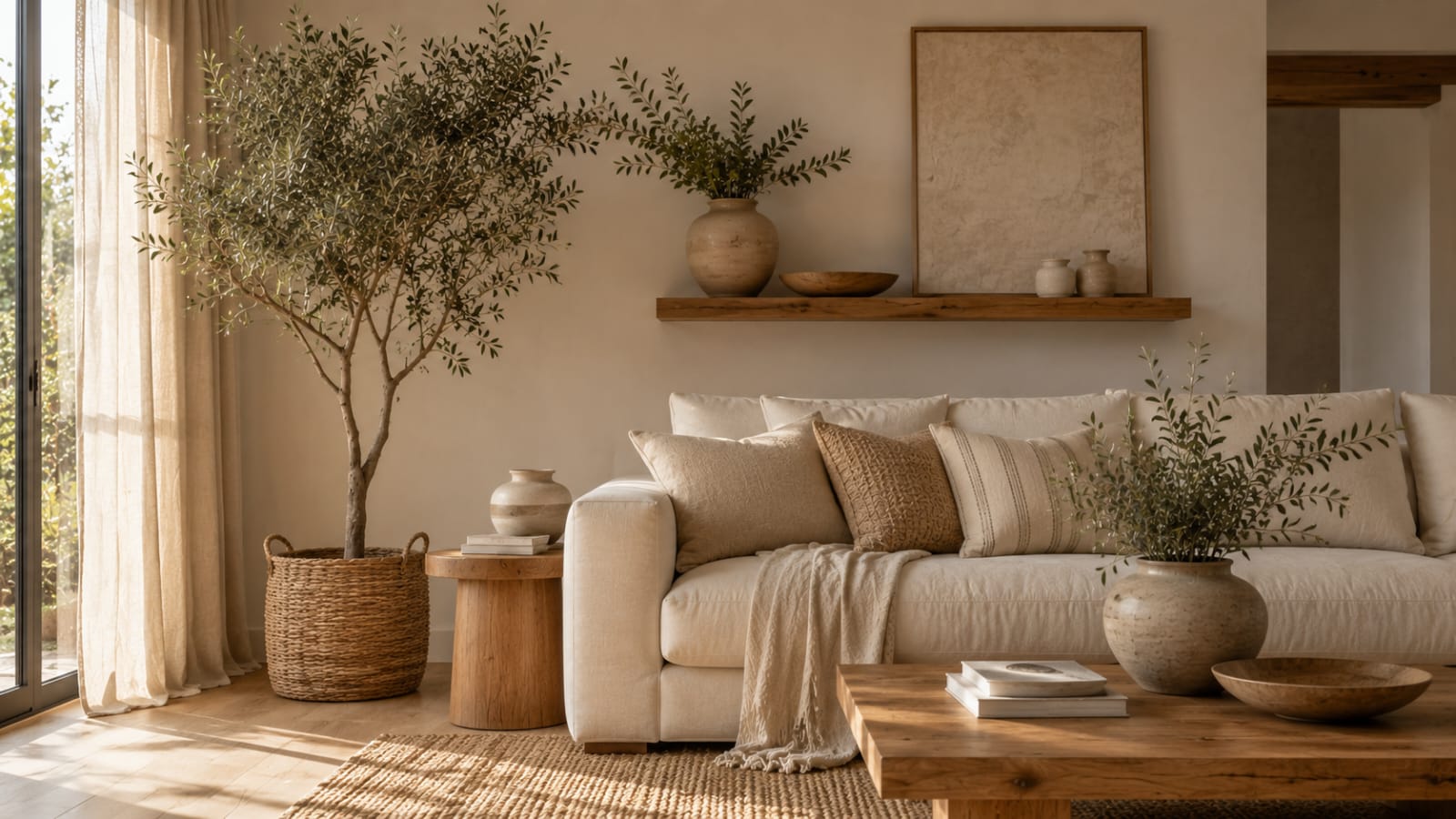 Indoor olive tree in an organic modern living room