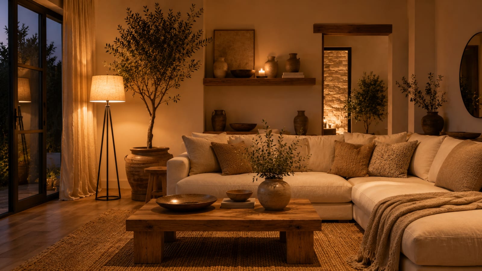 Warm floor lamp in an organic modern living room