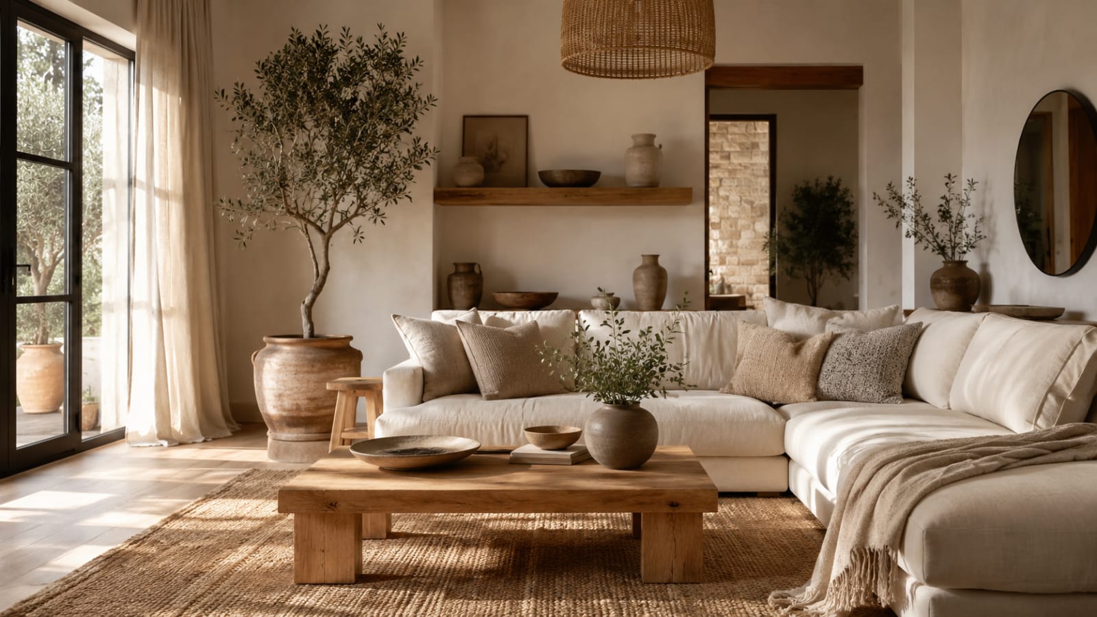 Organic modern living room with linen sofa, wood coffee table, and warm natural sunlight