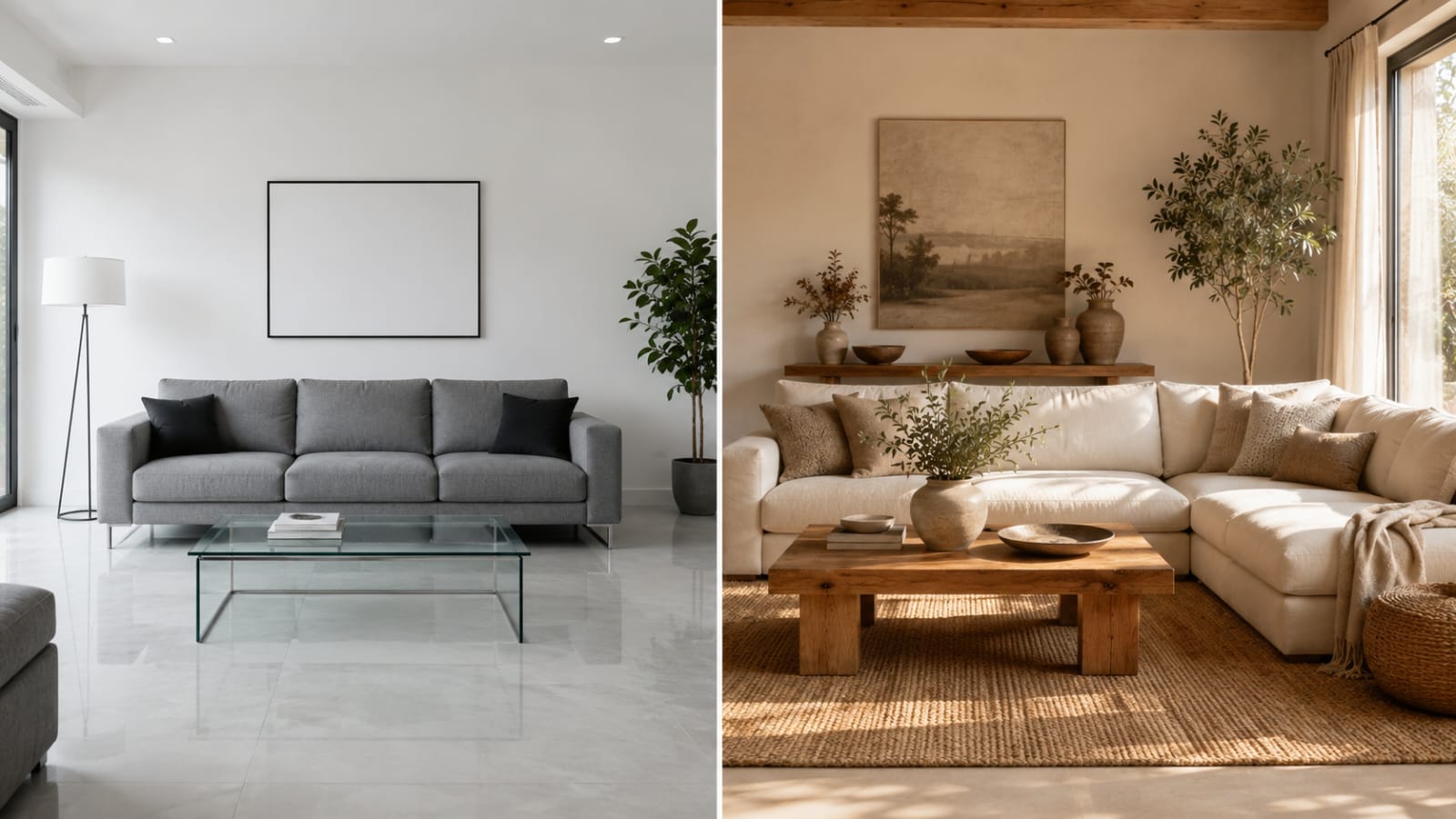 Before and after organic modern living room makeover
