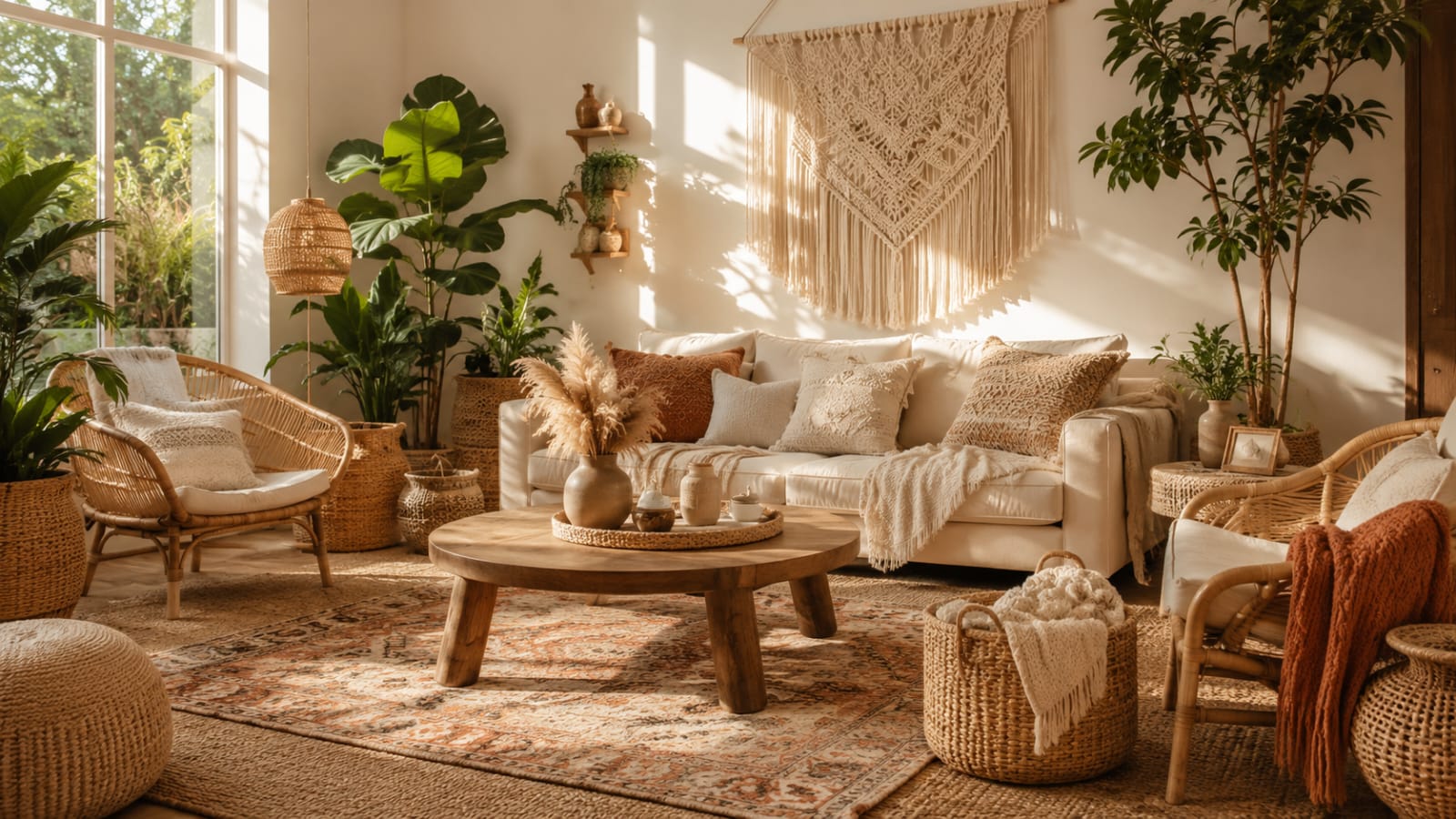 Cozy boho living room with layered jute and vintage rugs, rattan furniture, cream linen sofa, macrame wall hanging, woven baskets, indoor plants, and warm natural sunlight.