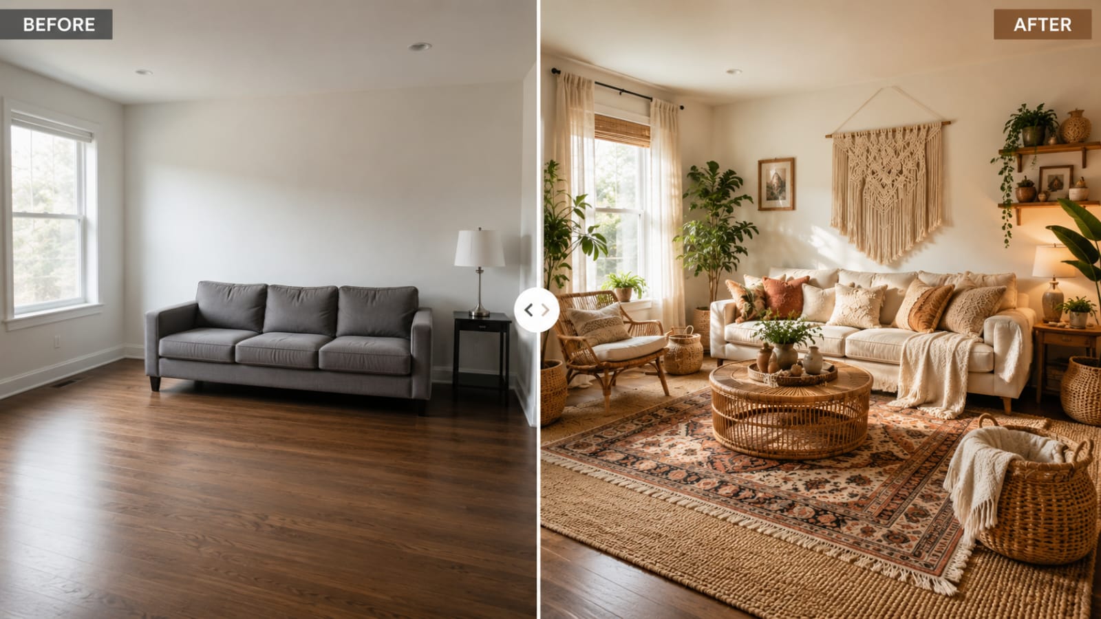 Before and after boho living room makeover with layered rugs, rattan furniture, plants, and warm neutral decor.