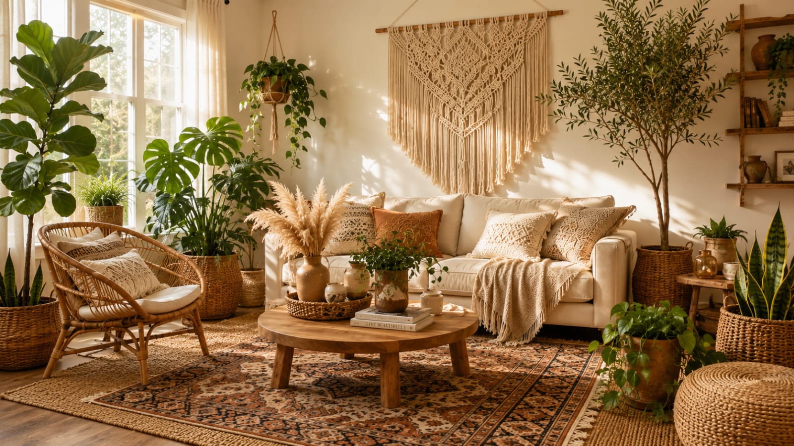 Bright boho living room with lush indoor plants, rattan furniture, layered rugs, and warm natural light.