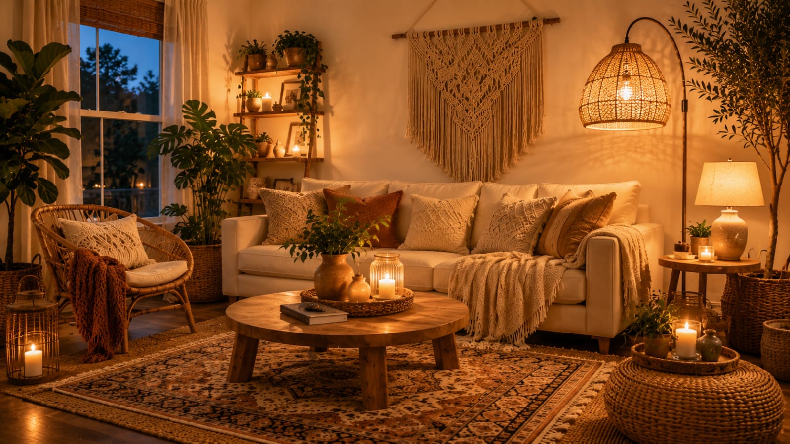 Cozy boho living room with warm ambient lighting, rattan lamp, candles, layered rugs, and natural decor.