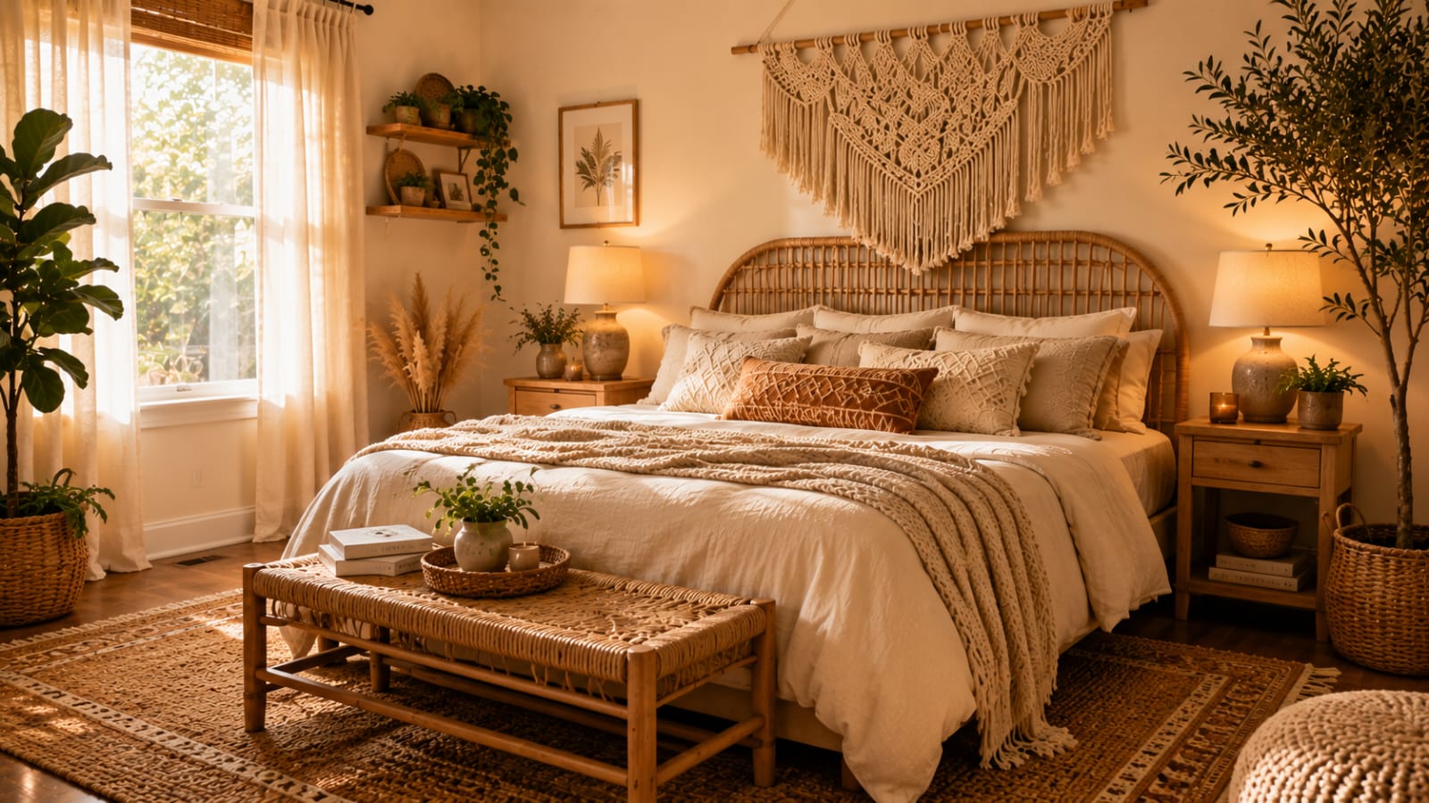 Cozy boho bedroom with layered neutral bedding, rattan headboard, macramé wall decor, and warm natural light.