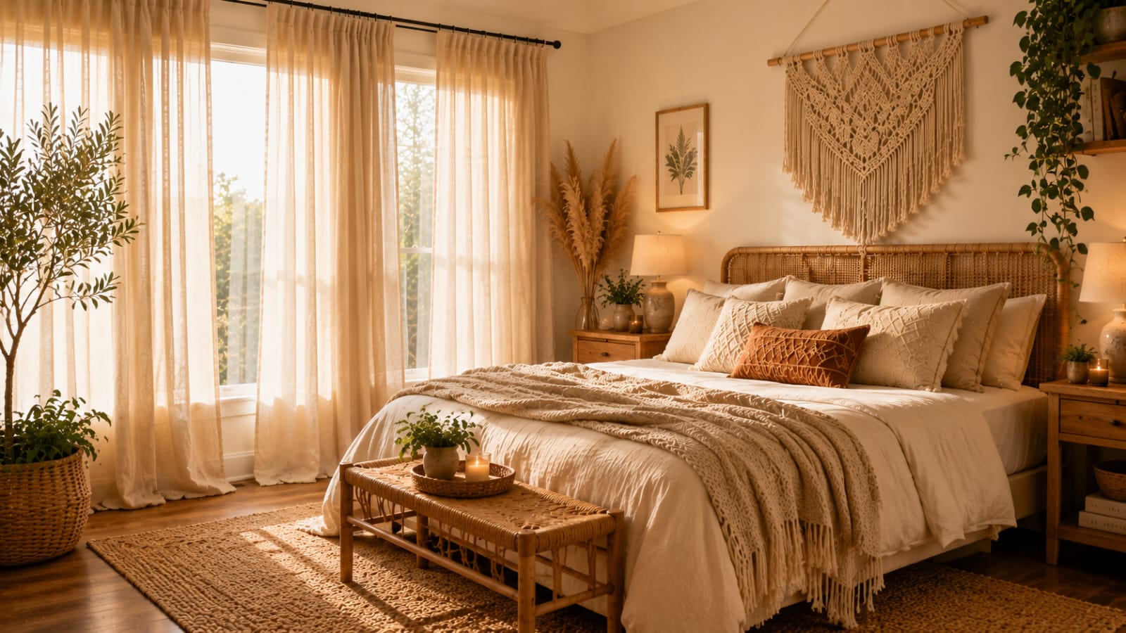 Boho bedroom with floor-to-ceiling neutral linen curtains, layered bedding, and warm natural sunlight.