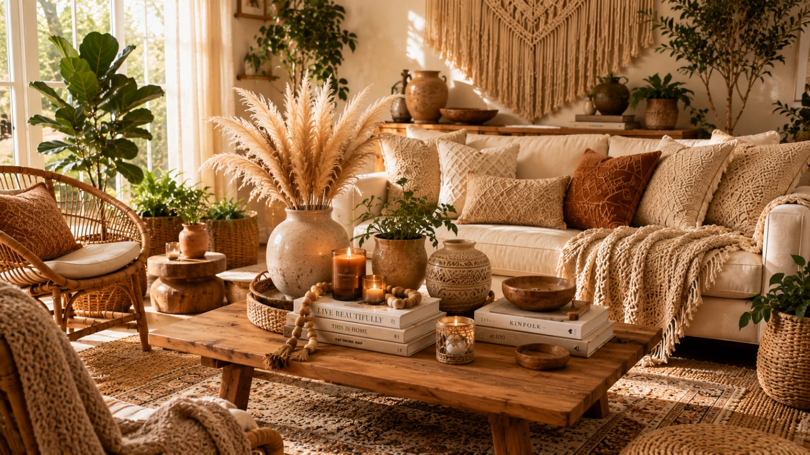 Fully styled boho living room with designer decor details, layered textures, ceramic accents, and warm natural light.