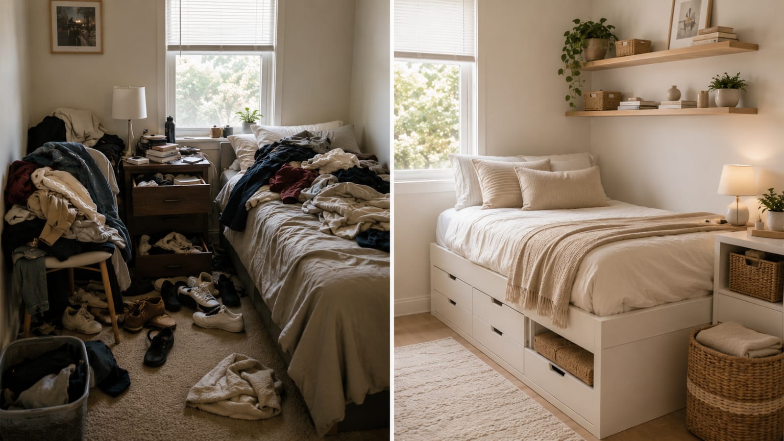 Before and after small bedroom storage transformation.