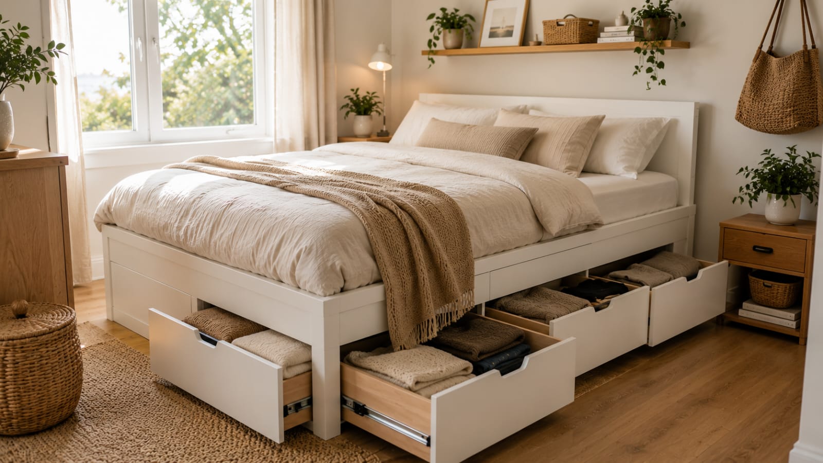 Storage bed frame with built-in drawers maximizing storage in a small modern bedroom.