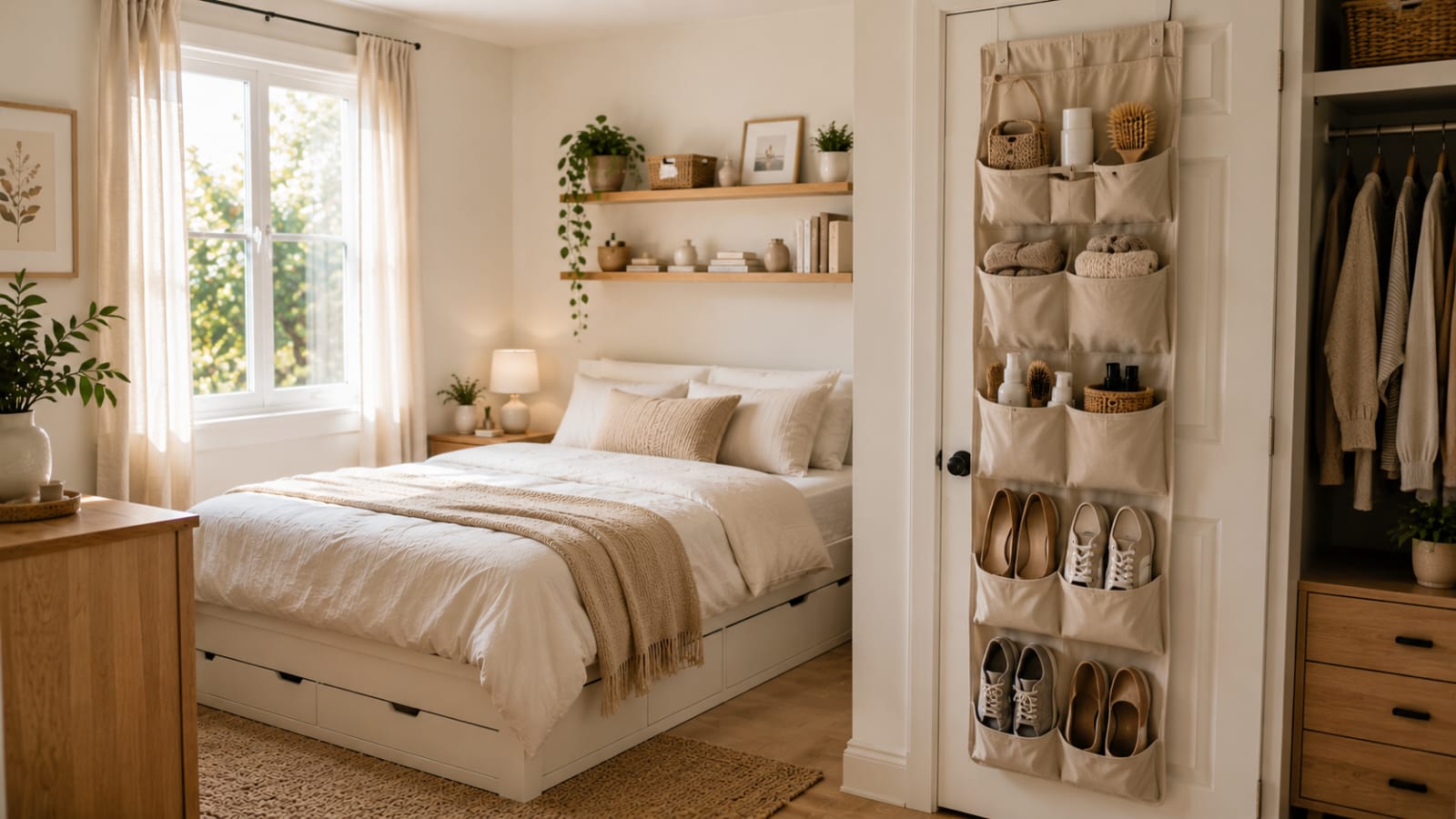 Over-the-door organizer adding extra storage in a small bedroom.