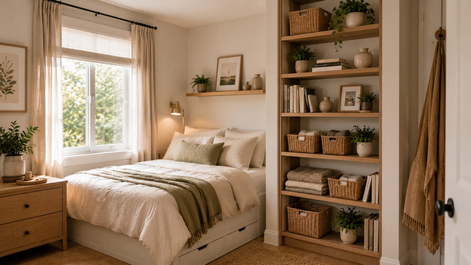Floor-to-ceiling vertical wall shelves maximizing storage in a small modern bedroom.