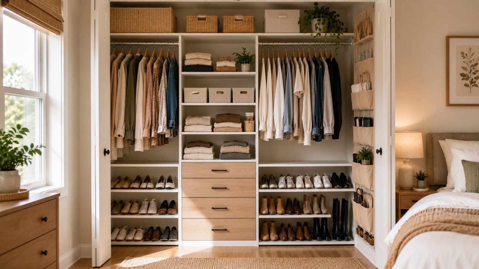 Small bedroom closet with modular organizer system, shelves, bins, and double hanging rods.
