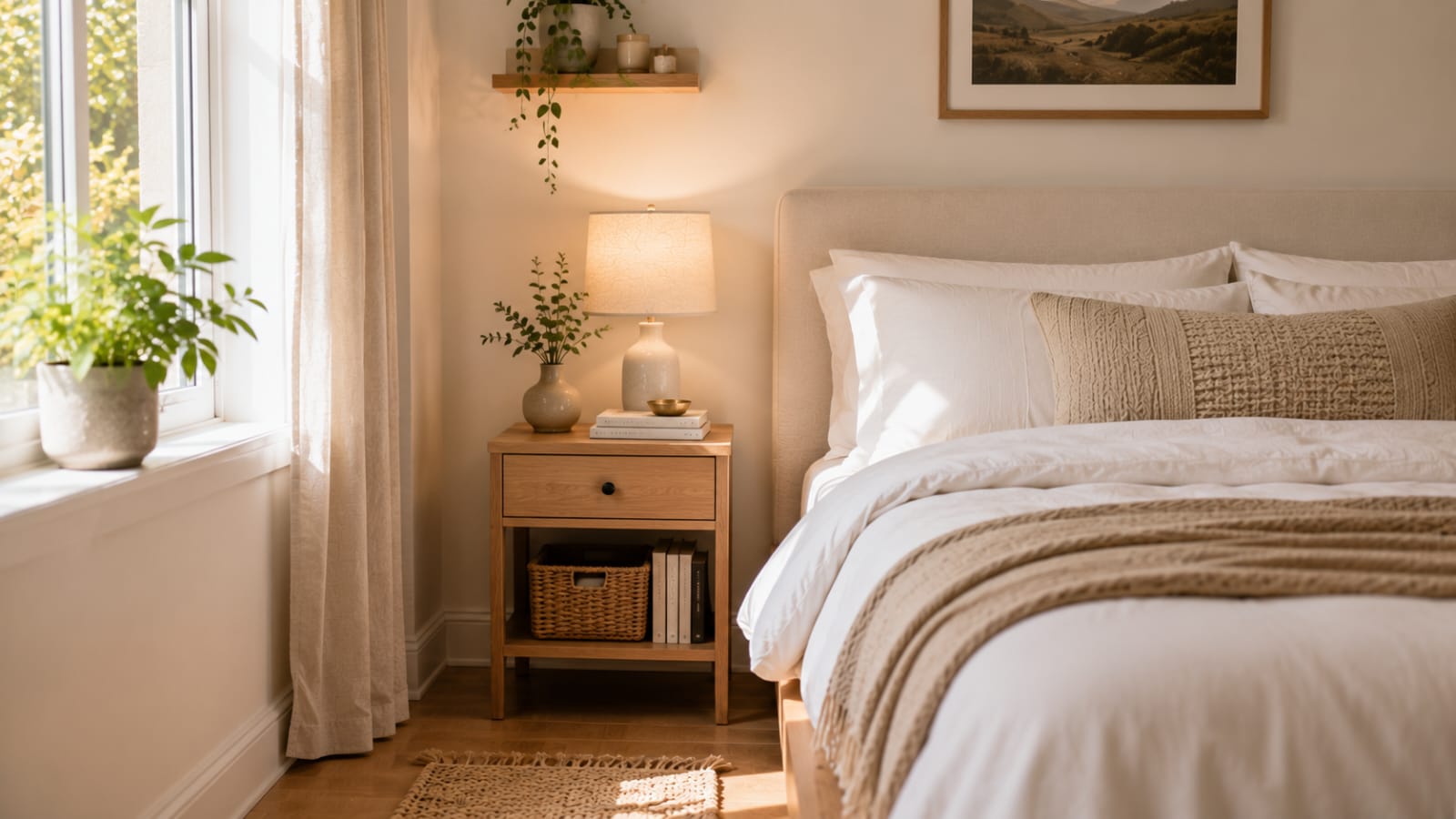 Slim wooden nightstand beside a bed in a small modern bedroom.