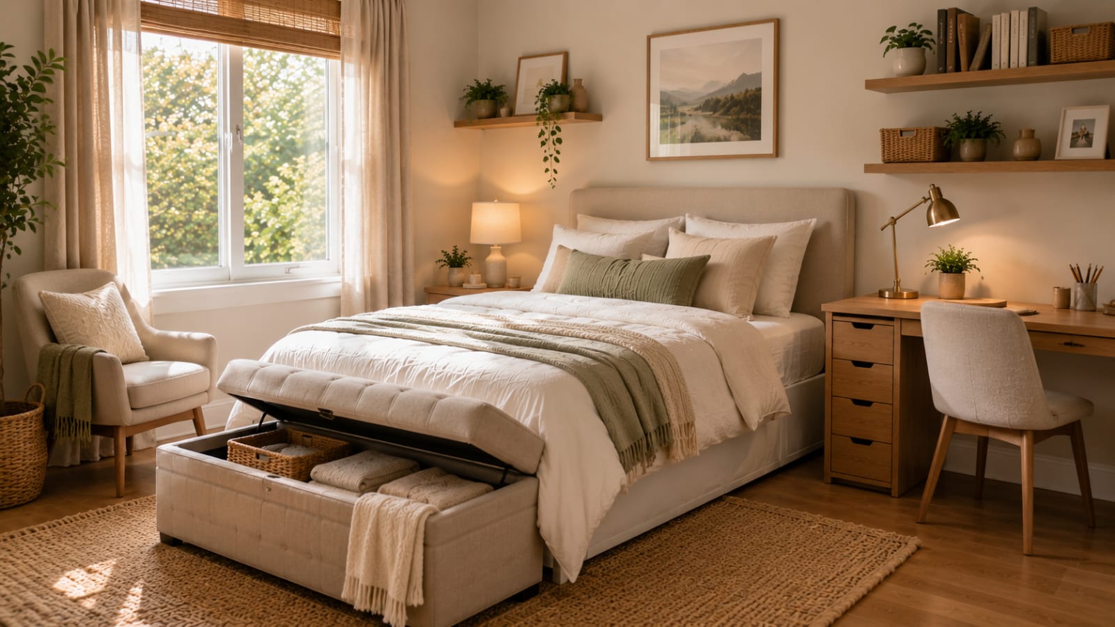 Multi-purpose furniture with a storage ottoman and slim desk in a small modern bedroom.