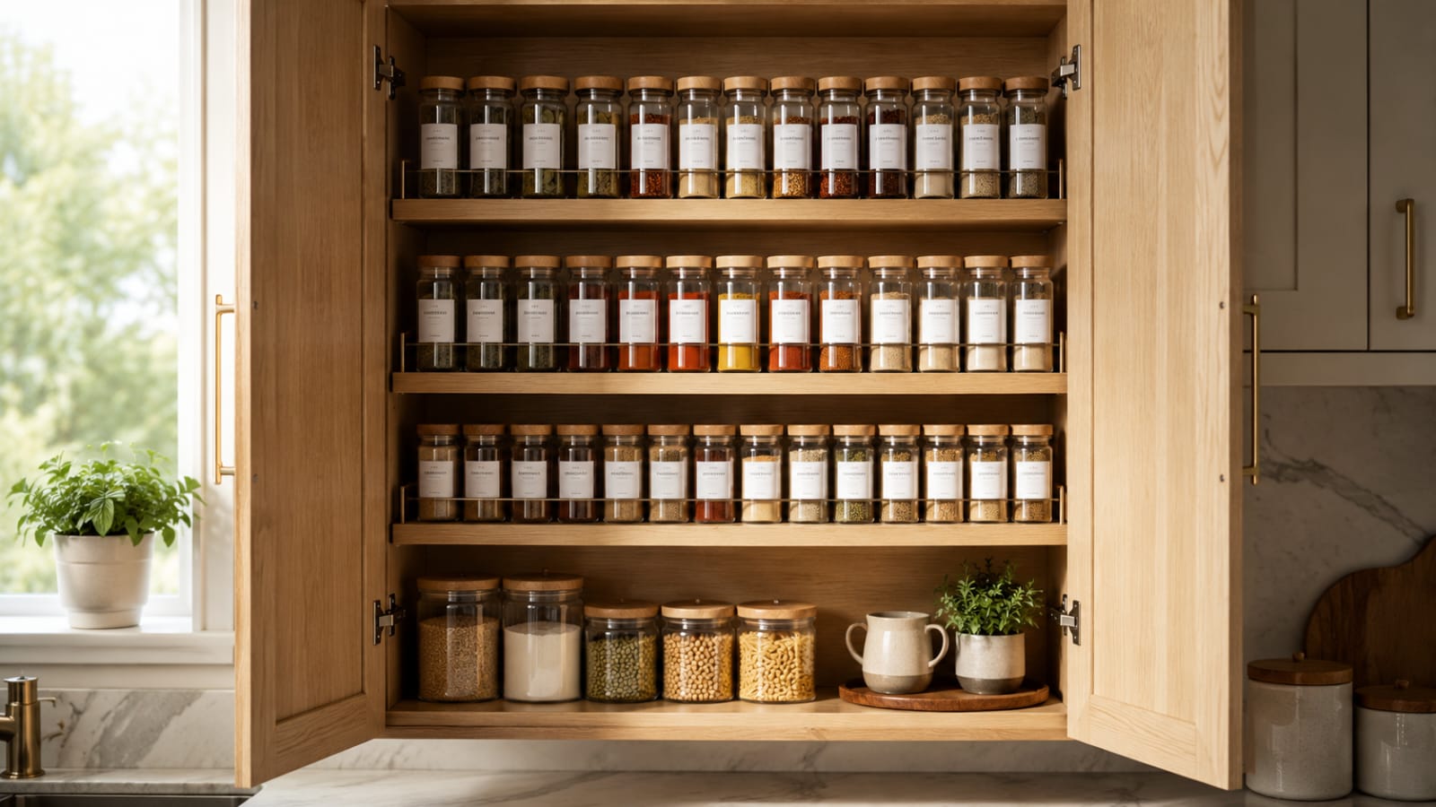 Modern kitchen cabinet with a neatly organized spice rack featuring matching glass spice jars, white labels, and warm wooden shelves.