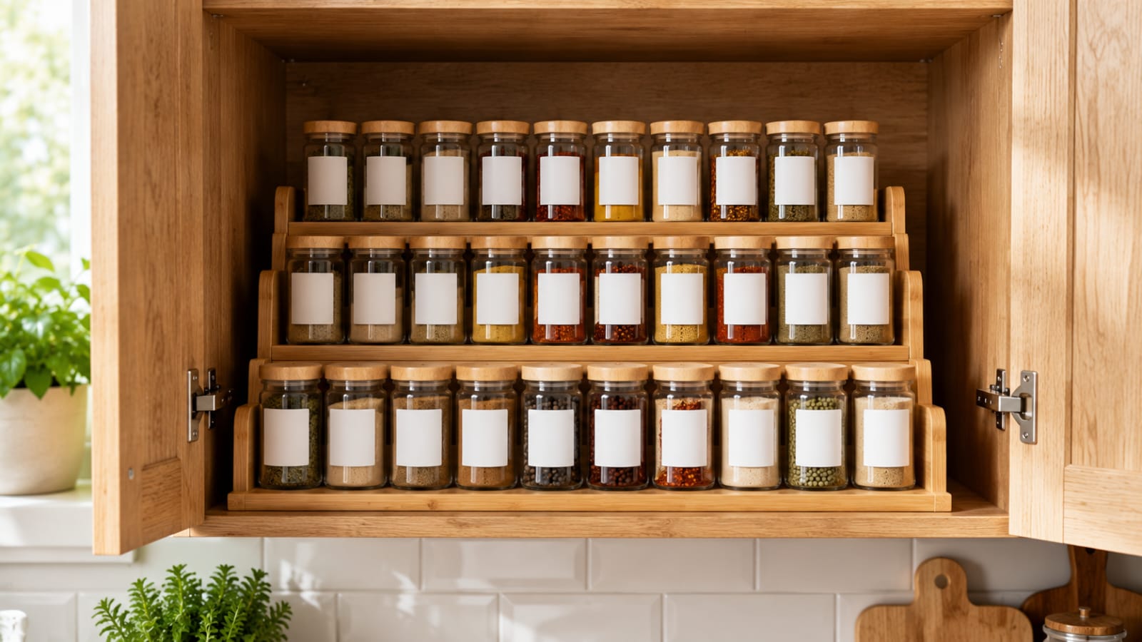 Tiered spice rack with matching glass spice jars organized inside a modern kitchen cabinet.