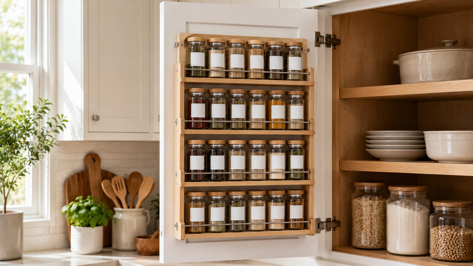 Cabinet door spice organizer with matching glass spice jars and blank white labels inside a modern kitchen cabinet.
