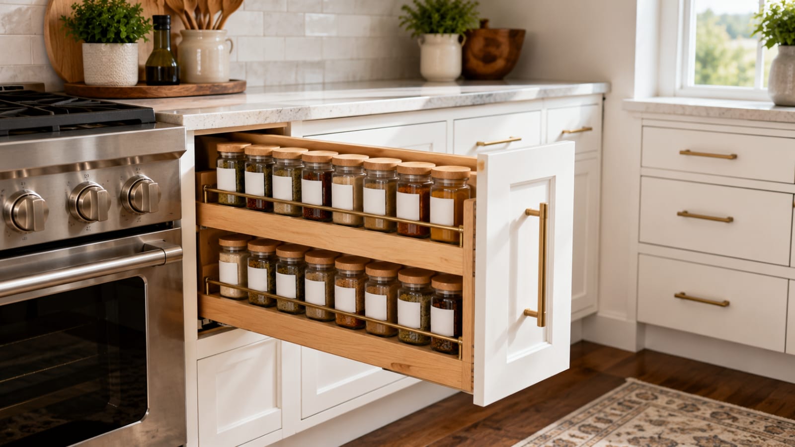 Pull-out spice drawer with matching glass spice jars neatly organized beside a modern kitchen stove.