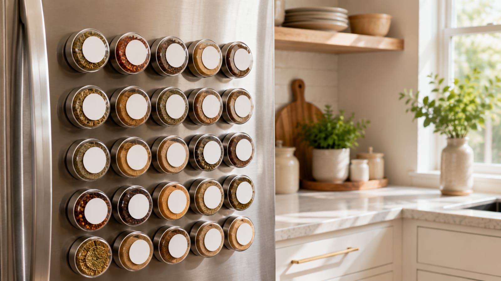 Magnetic glass spice jars with blank white labels neatly organized on a stainless steel refrigerator in a modern kitchen.