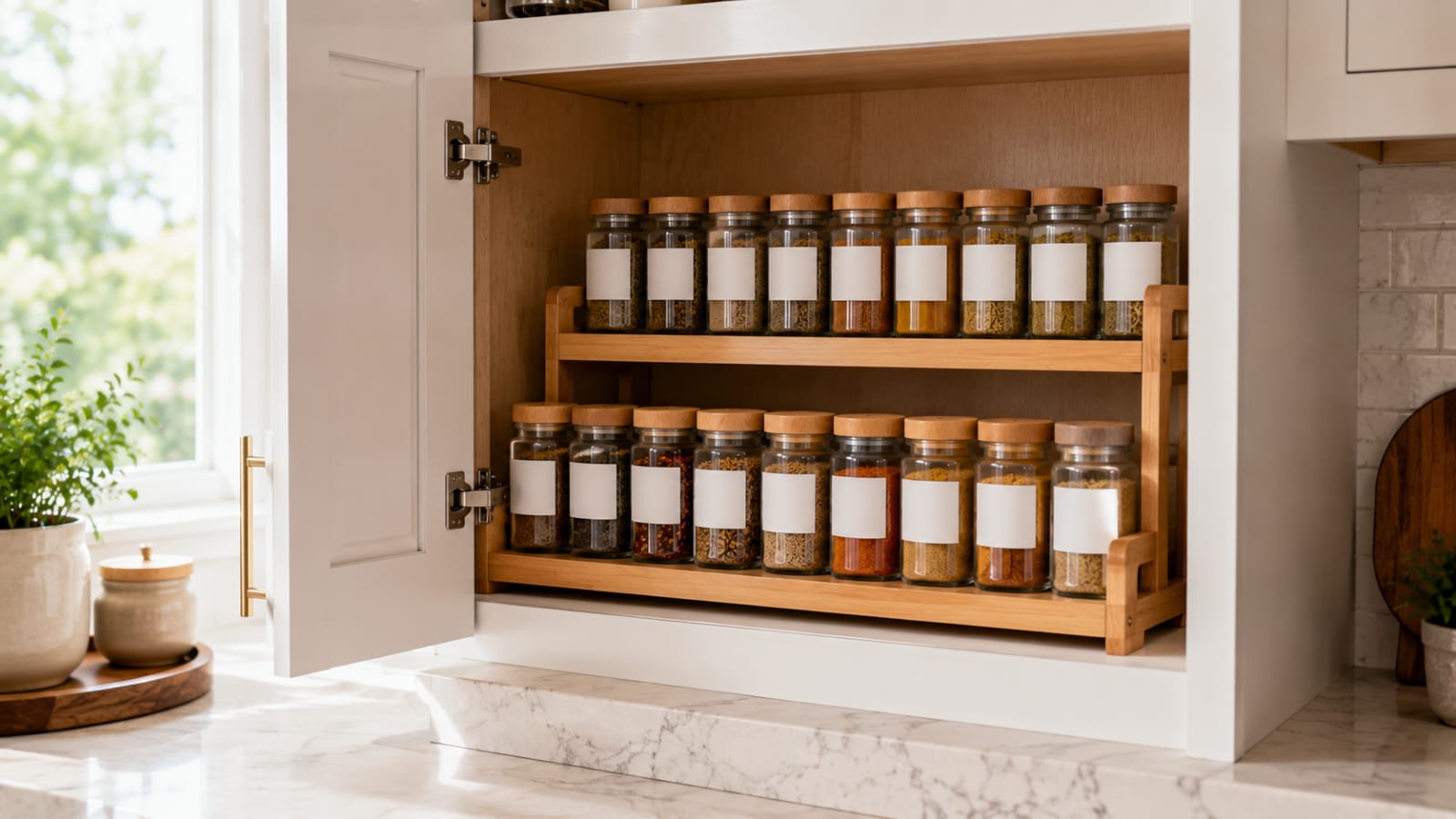 Stackable spice shelves with matching glass spice jars neatly organized inside a modern white kitchen cabinet.