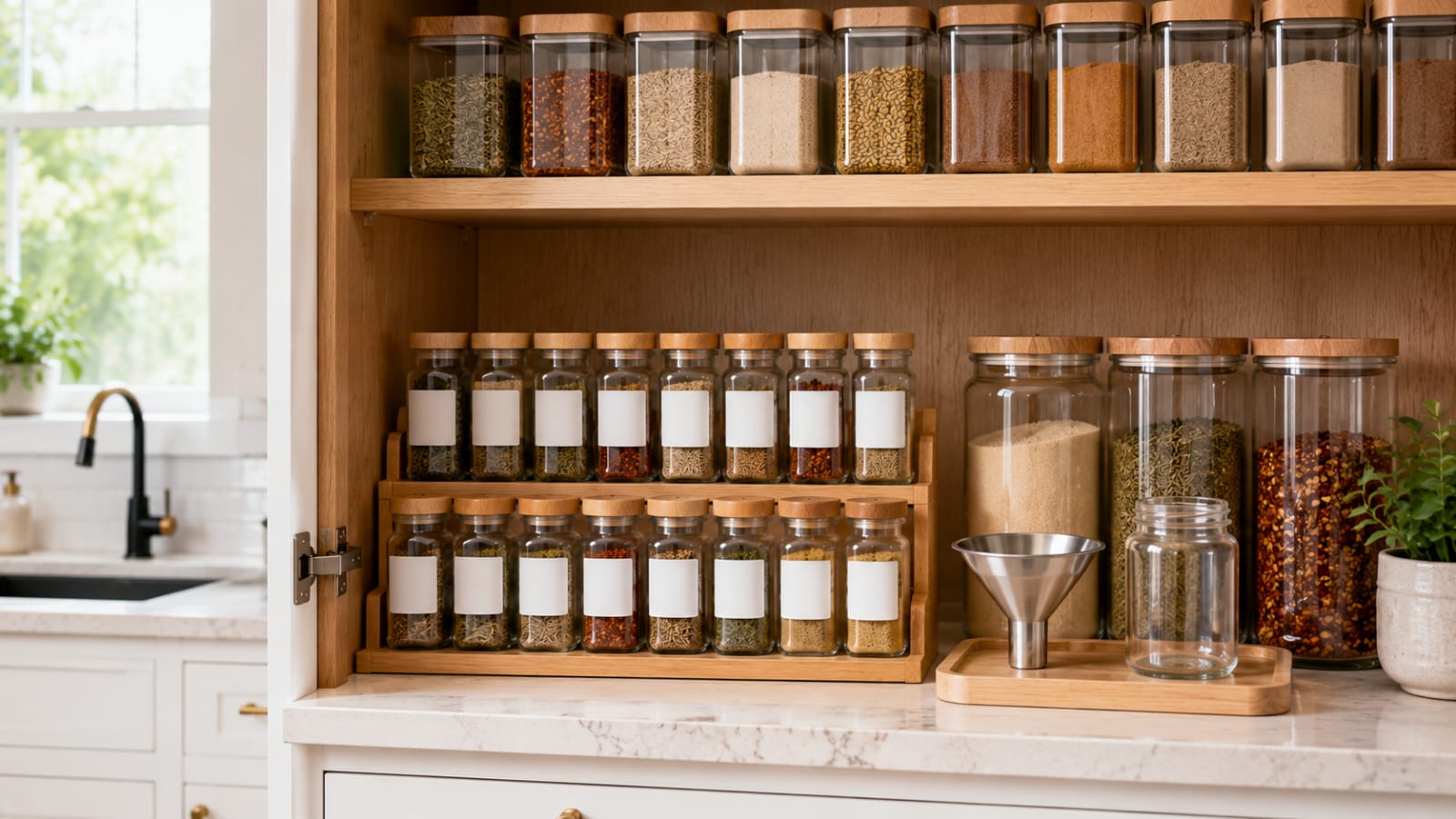 Spice refill station with matching glass spice jars, refill containers, and a small funnel neatly organized inside a modern kitchen pantry cabinet.