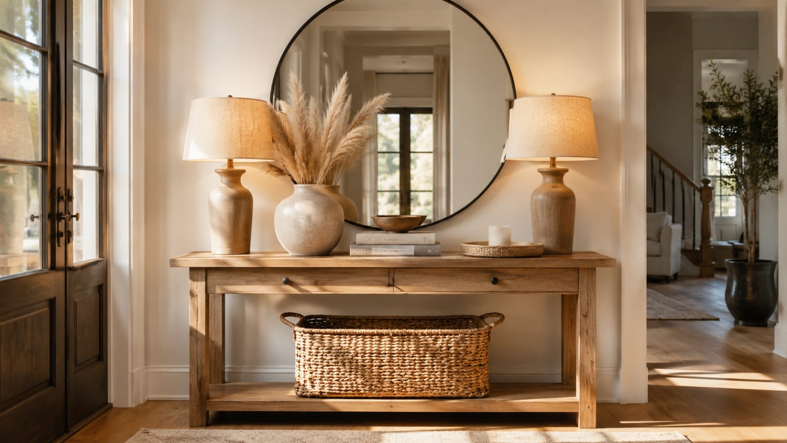 Modern console table decor with round mirror and table lamps