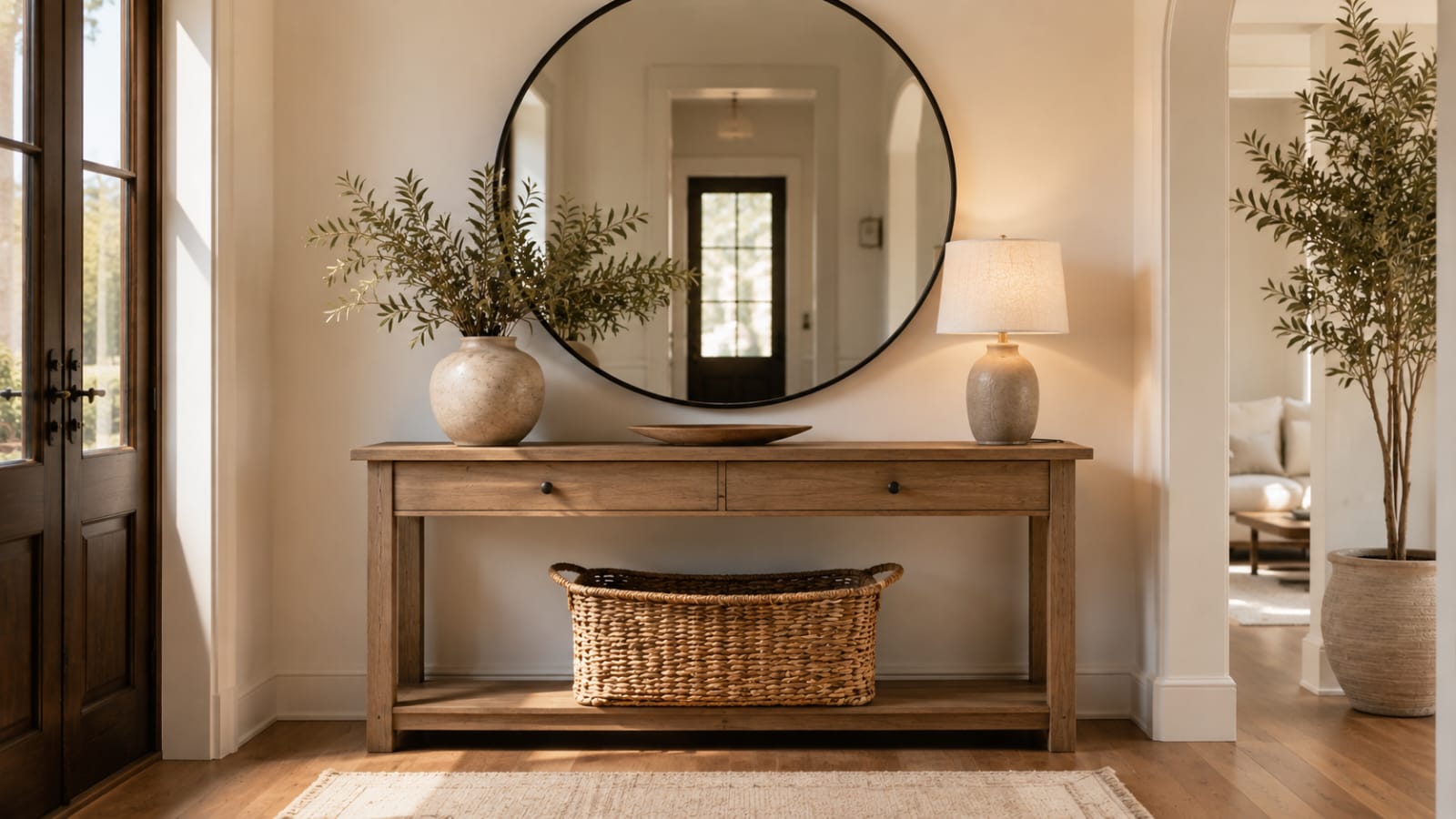 Matching table lamps on a modern console table