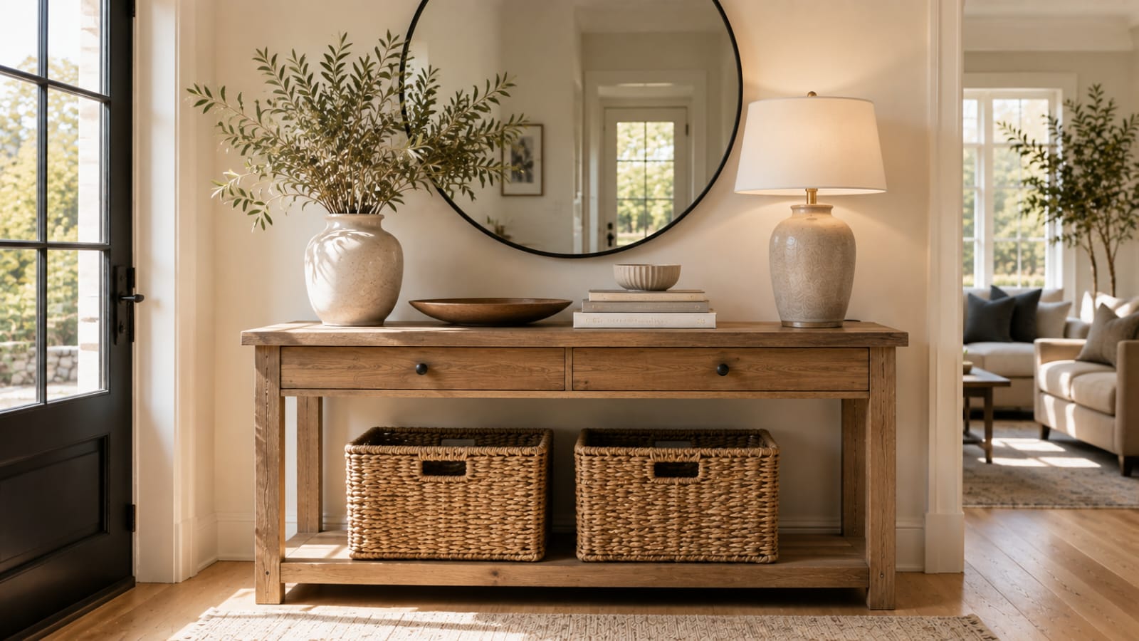 Woven storage baskets under a console table