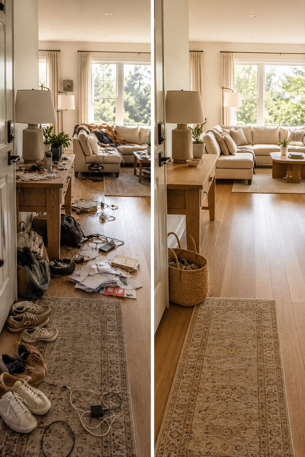 Modern living room before-and-after showing subtle clutter transformed into a clean, organized Scandinavian-style home.