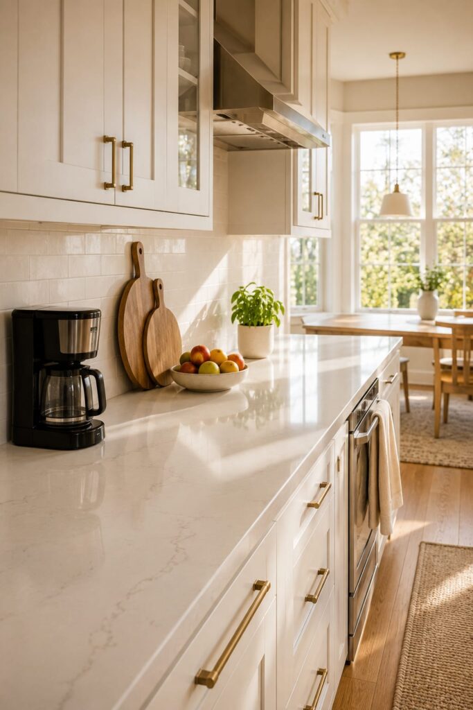 Clean modern kitchen with organized white quartz countertops and minimalist decor.