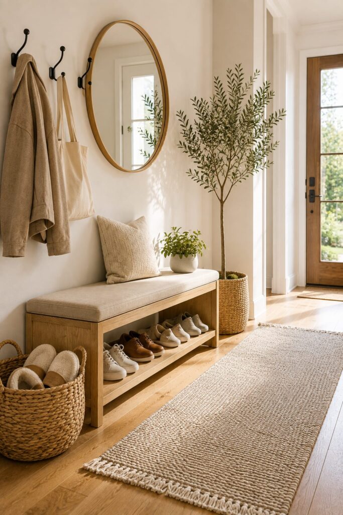 Modern organized entryway with shoe storage bench, woven basket, and minimalist Scandinavian decor.