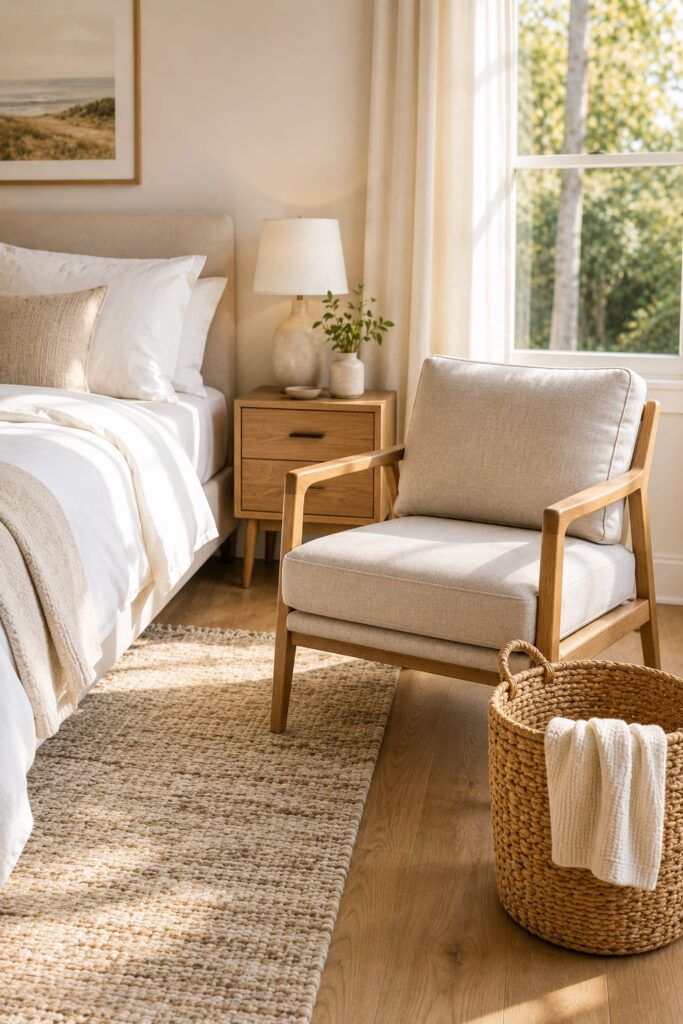Clean minimalist bedroom with an empty accent chair beside a neatly made bed.