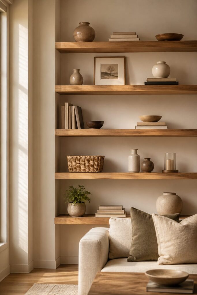Floating oak shelves with books, ceramic décor, woven baskets, candles, and a green plant in a bright Scandinavian-style living room.