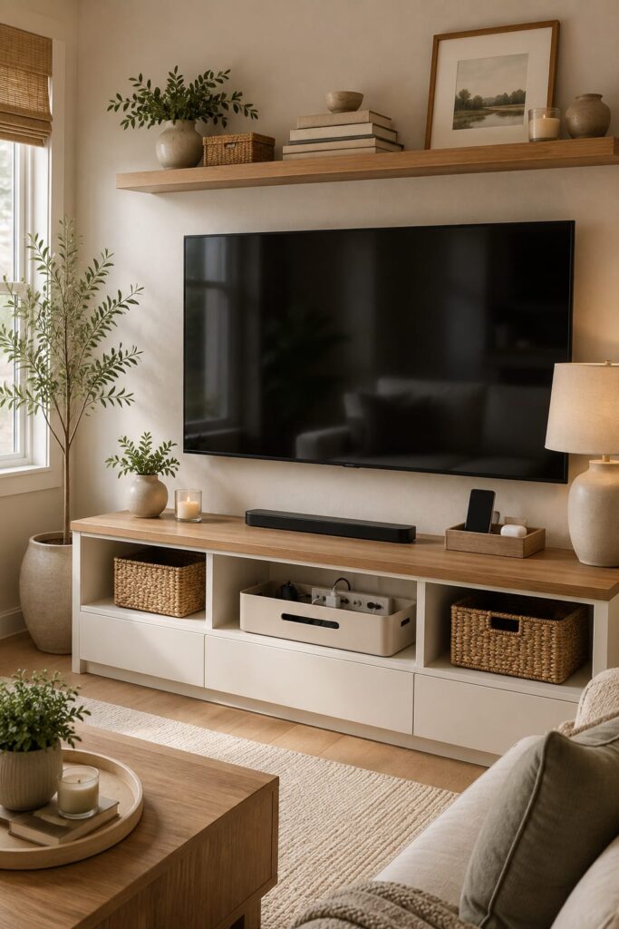 Modern Scandinavian living room with hidden TV cords, organized charging station, woven baskets, and a clean, clutter-free media console.