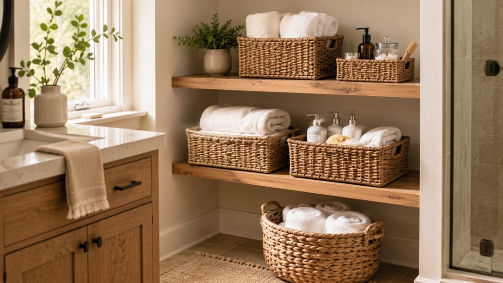 Wicker storage baskets filled with towels and toiletries on wooden shelves in a modern bathroom.