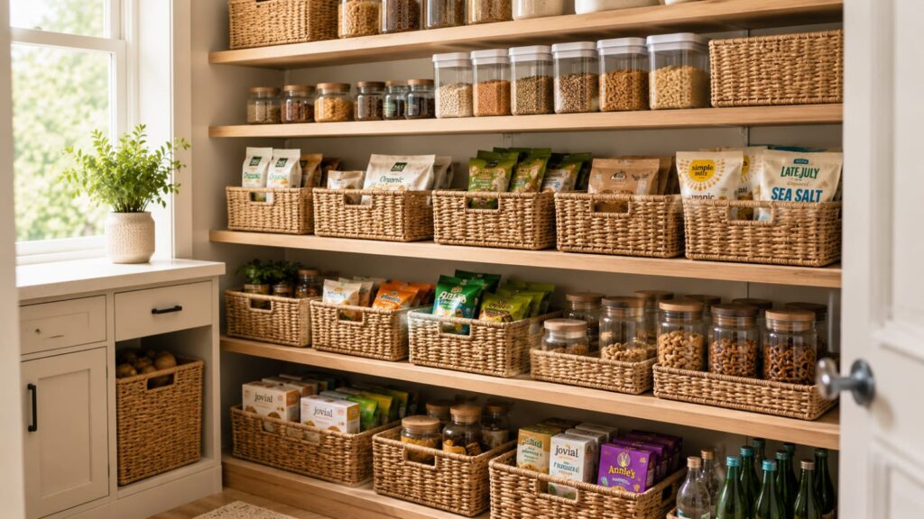 Woven storage baskets organizing snacks and pantry essentials on wooden shelves.