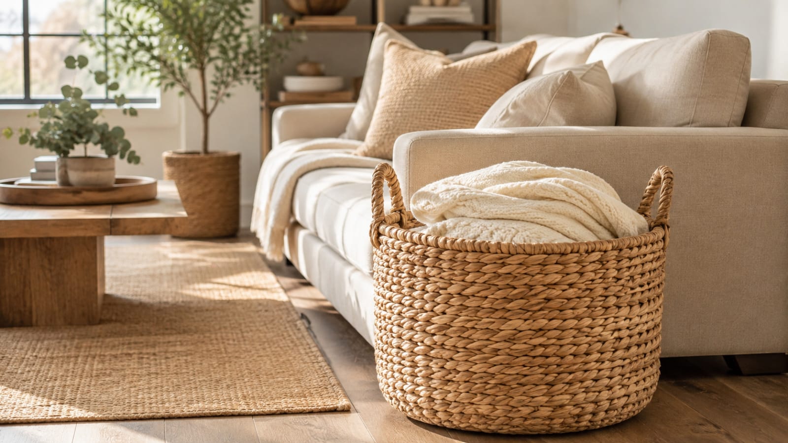 Natural woven storage basket with cream blankets beside a beige sofa in a modern living room.