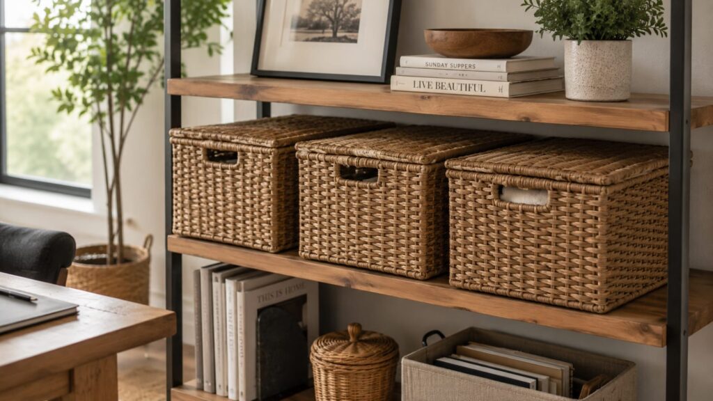 Wicker storage baskets with lids arranged on wooden shelves in a cozy home office.