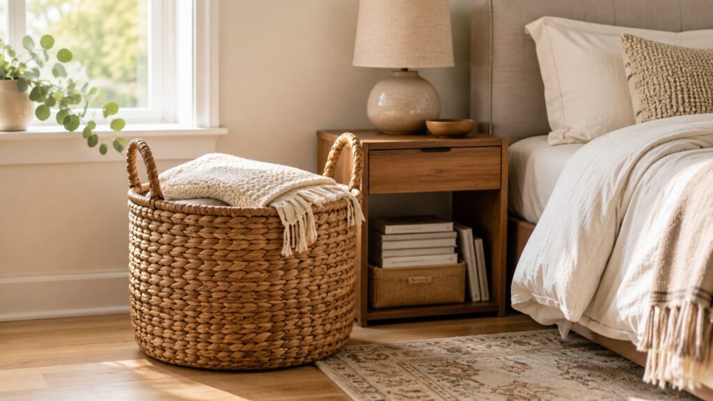 Round woven storage basket filled with cream blankets beside a bed in a warm modern bedroom.