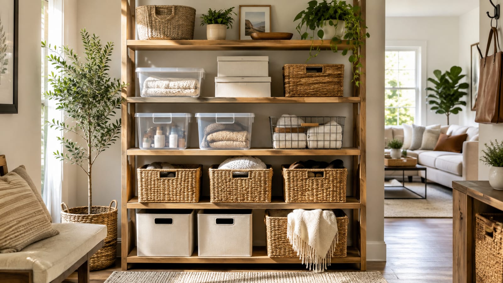 home organization ideas under $50 with stylish storage baskets and bins