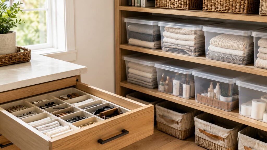 home organization ideas with stackable storage bins and drawer organizers